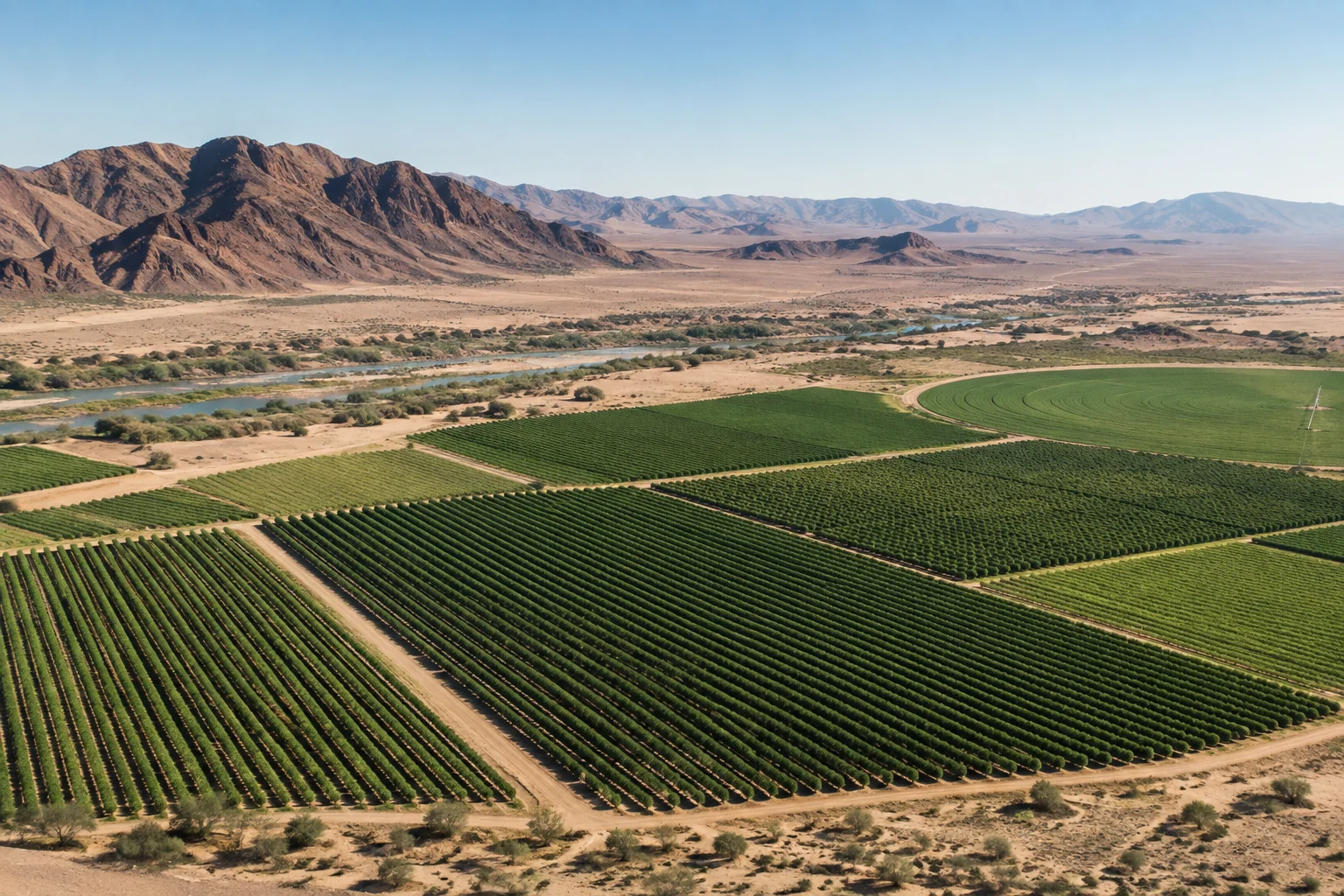 Illustrative agricultural landscape with cultivated fields in an arid setting