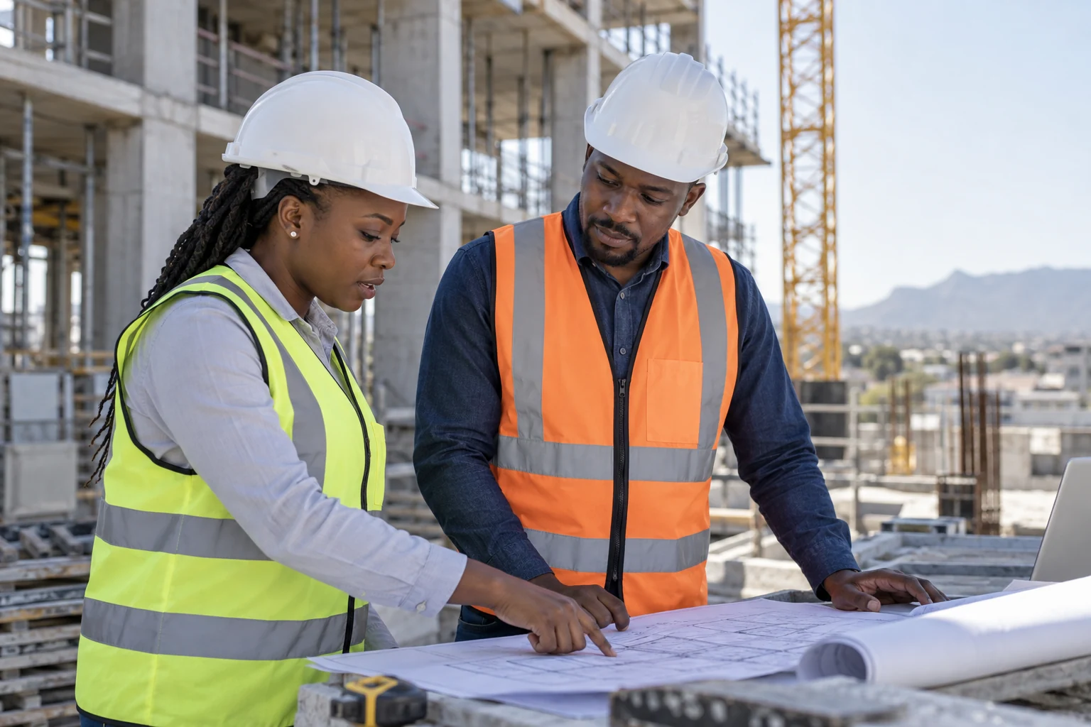Illustrative engineers discussing construction plans