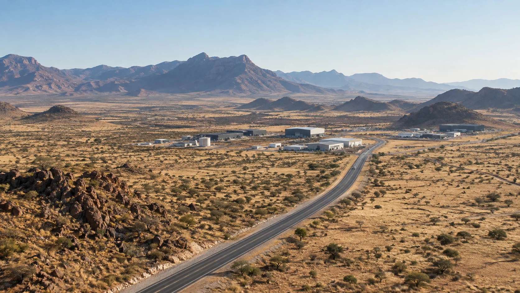 Illustrative Namibian landscape with infrastructure and an open horizon